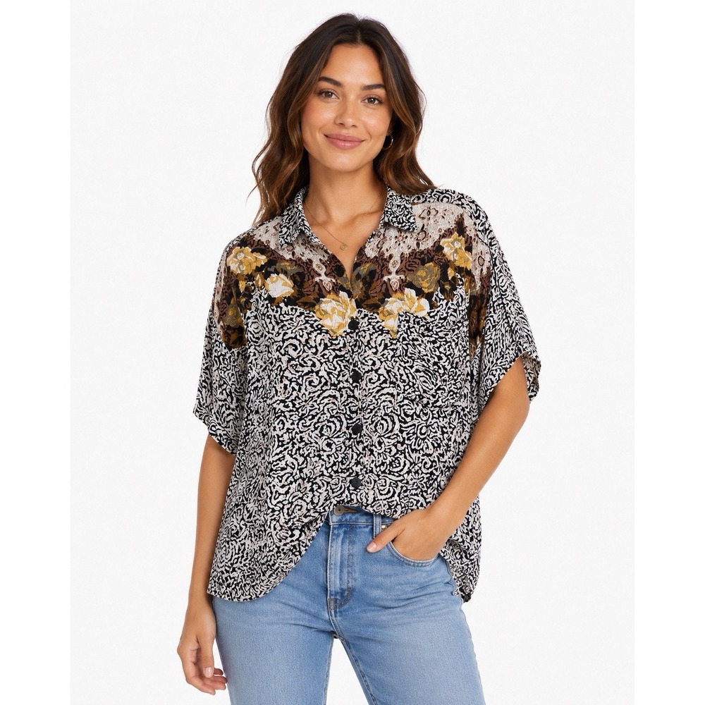 Vintage Jane Ashley S Black Brown Floral Abstract Print Rayon Button Shirt Top